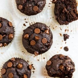 Double Chocolate Banana Muffins made with whole wheat and chocolate chips