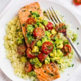 Baked Whole30 Salmon with Creamy Avocado Sauce. Tender and flakey with the most delicious cilantro lime flavors, this easy salmon recipe is perfect for quick, healthy dinners, even if you aren't following a Whole30 diet and is paleo and gluten free too!