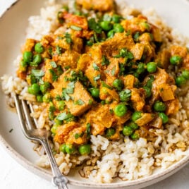 Creamy Tofu Curry on a plate with rice